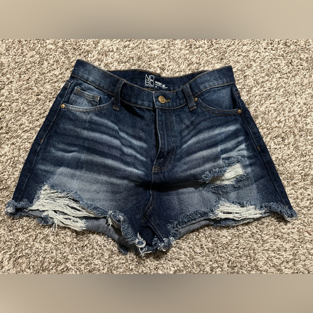 No Bo High Rise Women's Ripped Jean Shorts - Dark Blue